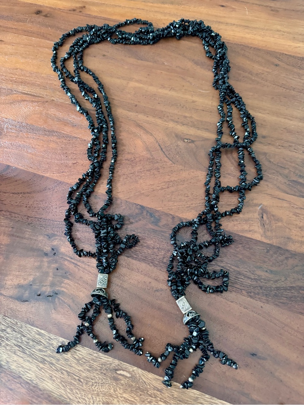 Vintage 1970s Black Art Glass Beaded Scarf Necklace 50” + Tassels MINT